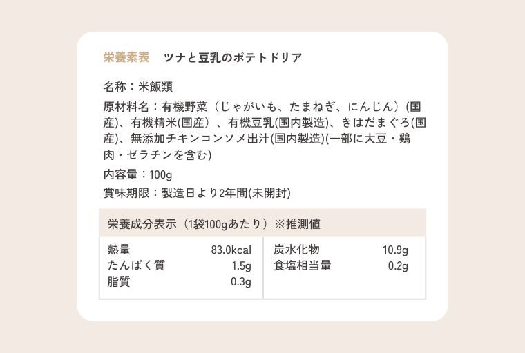 ツナと豆乳のポテトドリア 栄養成分表示