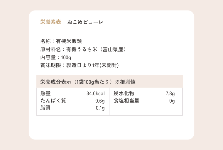 おこめピューレ 栄養成分表示